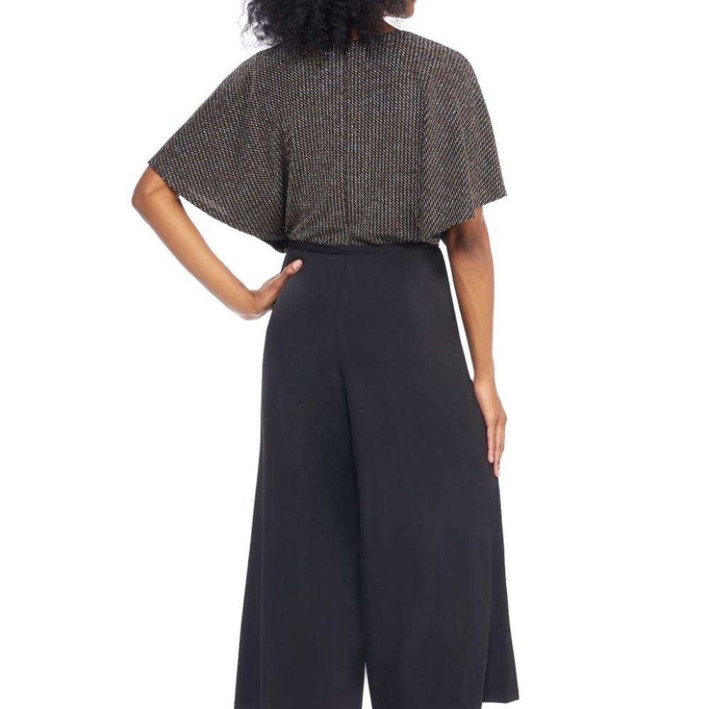 Maggy London Black Wide-Leg Jumpsuit with Metallic Gold Wrap Top - Picture 3 of 8